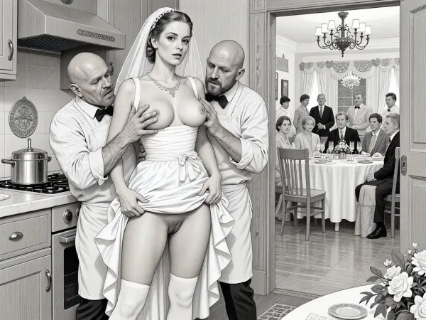 This is is a detailed monochromatic pencil drawing in a classical illustrative style depicts a scene set in USSR, in 1950s, a striking busty slutty bride in a white dress in the restaurant kitchen, ((2 drunk ugly bald old cooks roughly pawing her tits with their fingers)), 2 drunken marginalugly old cooks mocking, She lifts the hem of her wedding dress with her hands, hairy pussy, her white stockings are visible, the restaurant hall is visible through the open kitchen door, on a festive table during the wedding banquet, family and parents are watching in their best clothes, a large banquet hall, They celebrate the wedding without noticing the bride, The overall mood is intense, rendered in fine, expressive line work and subtle shading, evoking the style of 1950s satirical or moralistic illustrations.