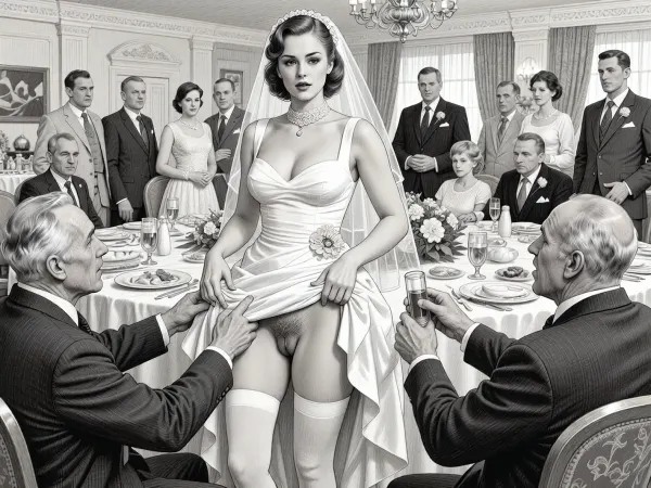 This is is a detailed monochromatic pencil drawing in a classical illustrative style depicts a scene set in USSR, in 1950s, a striking busty bride in a white dress, ((2 drunk old men roughly pawing her labia with their fingers)), 2 drunken old men mocking, on a festive table during the wedding banquet, She lifts the hem of her wedding dress with her hands, hairy pussy and white stockings are visible, family and parents are watching in their best clothes, a large banquet hall, They celebrate the wedding without noticing the bride, The overall mood is intense, rendered in fine, expressive line work and subtle shading, evoking the style of 1950s satirical or moralistic illustrations.