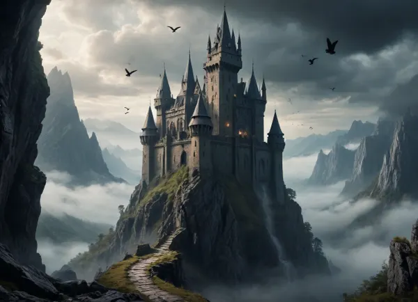 mountains, dark fantasy, fortress on a rock, birds in the sky, gorge, beautiful landscape, fog, high detail, masterpiece, elaborate lighting, gothic style, partial destruction, towers