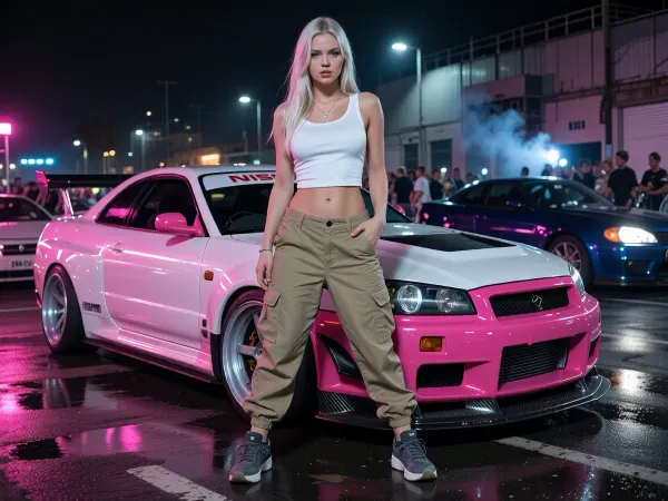 Photorealistic cinematic full-body portrait of a beautiful Danish Scandinavian female street racer in her mid-20s standing confidently in front of her heavily modified Nissan Skyline GT-R at an illegal nighttime street racing event. She has long platinum-blonde hair, striking blue eyes, fair Nordic skin, athletic feminine build, self-assured slightly rebellious expression. She wears a tight fitted white tank top, low-rise khaki cargo pants sitting loosely on her hips, practical sneakers, subtle silver jewelry.

Behind her is her personal highly tuned Nissan Skyline GT-R, aggressive Japanese tuner build, widebody kit, lowered suspension, large performance wheels, low-profile tires, huge intercooler, racing brakes, carbon-fiber details, aerodynamic front splitter and rear wing. Distinctive custom two-tone paint scheme, vivid hot pink and clean pearl white, glossy finish reflecting the surrounding neon lights. The car looks genuinely race-prepared rather than a showroom display.

Nighttime underground street racing meet in an industrial district, wet asphalt reflecting pink, blue and white neon, modified Japanese performance cars and small groups of racers in the background, headlights, faint tire smoke, portable work lights, energetic crowd atmosphere. She stands directly in front of her GT-R as if waiting for her race to be called, relaxed but focused, one hand casually resting near her cargo pocket, unmistakable owner-and-driver body language.

Low cinematic camera angle, 35mm automotive photography, shallow depth of field, realistic skin texture, realistic fabric folds, detailed platinum hair, accurate human anatomy, dramatic neon rim lighting, soft reflections across the car body, subtle atmospheric haze, gritty late-night street racing aesthetic, high-end editorial automotive photography, natural proportions, highly detailed, realistic, cinematic.