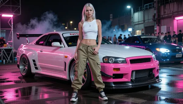 Photorealistic cinematic full-body portrait of a beautiful Danish Scandinavian female street racer in her mid-20s standing confidently in front of her heavily modified Nissan Skyline GT-R at an illegal nighttime street racing event. She has long platinum-blonde hair, striking blue eyes, fair Nordic skin, athletic feminine build, self-assured slightly rebellious expression. She wears a tight fitted white tank top, low-rise khaki cargo pants sitting loosely on her hips, practical sneakers, subtle silver jewelry.

Behind her is her personal highly tuned Nissan Skyline GT-R, aggressive Japanese tuner build, widebody kit, lowered suspension, large performance wheels, low-profile tires, huge intercooler, racing brakes, carbon-fiber details, aerodynamic front splitter and rear wing. Distinctive custom two-tone paint scheme, vivid hot pink and clean pearl white, glossy finish reflecting the surrounding neon lights. The car looks genuinely race-prepared rather than a showroom display.

Nighttime underground street racing meet in an industrial district, wet asphalt reflecting pink, blue and white neon, modified Japanese performance cars and small groups of racers in the background, headlights, faint tire smoke, portable work lights, energetic crowd atmosphere. She stands directly in front of her GT-R as if waiting for her race to be called, relaxed but focused, one hand casually resting near her cargo pocket, unmistakable owner-and-driver body language.

Low cinematic camera angle, 35mm automotive photography, shallow depth of field, realistic skin texture, realistic fabric folds, detailed platinum hair, accurate human anatomy, dramatic neon rim lighting, soft reflections across the car body, subtle atmospheric haze, gritty late-night street racing aesthetic, high-end editorial automotive photography, natural proportions, highly detailed, realistic, cinematic.
