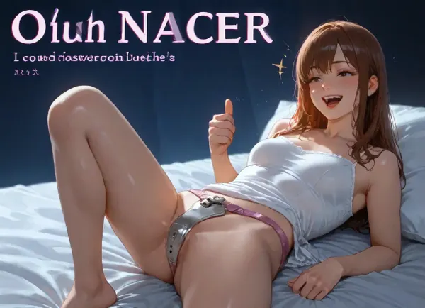 (empty blue background, commercial poster advertising chastity belts, prices, titles, opinions of happy customers), . on poster, woman, solo, (bare neck:1.2), (), (small breasts), white nightshirt, rays of light, lying on back, on sheet, covers, (plastic pink chastity belt with padlock), thumbs up, happy, smile, excited, screaming, dynamic, photorealistic, knees up, legs spread, focus on chastity belt lock