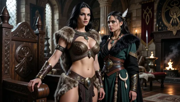 A beautiful adult Cimmerian princess stands in the great hall of a chieftain in Cimmeria, in a dark sword-and-sorcery world inspired by Conan. She is in her mid-twenties, tall, strong and regal, with pale weathered skin, storm-gray eyes, long thick raven-black hair, proud delicate features, and a calm, self-assured expression. She is beautiful in a fierce northern way, more powerful and delicate. She wears luxurious but harsh Cimmerian armor suited to a brutal land, a tight fitted ornate bronze chainmail bikini snugly containing her ample bosom layered with leather and heavy fur, fitted enough to show rank without looking modern, decorated with bronze clasps, arm rings, belts and carved bone or stone jewelry. One hand rests on the carved arm of a heavy wooden throne.

Behind and slightly beside her stands her female Cimmerian shaman, advisor and lover. She is an equally beautiful adult woman, slightly taller, with pale skin, dark hair braided with bone beads and feathers, piercing gray eyes, and an intense, unreadable expression. She wears layered black, charcoal and deep forest-green robes of wool, fur and leather, decorated with runes, talismans, carved bone charms, antler pieces and ancient tribal symbols. She stands far closer than a mere advisor should, one hand resting lightly and possessively at the princess’s waist as she leans toward her ear as if whispering private counsel. The princess’s relaxed posture and faint private smile reveal intimacy, trust and conspiracy between them.

Subtle ancient magic surrounds the shaman, faint mist around her fingers, a dim cold blue-gray glow in her eyes, and the ghostly suggestion of a wolf, raven or shadowy ancestral spirit hidden in the darkness behind her. The hall is unmistakably Cimmerian, massive timber beams, rough stone walls, carved wooden pillars, animal pelts, shields, spears, bronze braziers, smoky firelight, long benches, ancient banners, and a distant opening showing bleak mountains, dark forests and a storm-heavy sky. The atmosphere is harsh, ancient, intimate and dangerous, with the feeling of tribal power, old bloodlines and forbidden northern magic. Cinematic full-body composition, princess dominant in the foreground, shaman intimately behind her, realistic anatomy, dramatic firelight and cold northern light, richly detailed fur, leather, wood and stone textures, photorealistic dark fantasy, epic sword-and-sorcery film still.
