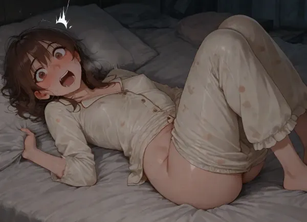 (dark messy room), woman, solo, (small breasts), (short brown hair), (erect nipples), (sweating:1.2), (dirty white pajamas), lying on grey crumpled sheet, covers, blushing, dynamic, (pajama pants pulled down), (masturbating:1), surprised, screaming, looking at viewer, (hands in pants), knees up