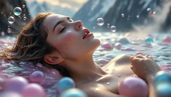 A photorealistic, 24 years old nude slutty woman floats in a dreamlike trance, face in soft focus, surrounded by shimmering soap bubbles, each bubble refracting colors and light, softly distorting a vast mountain landscape behind her, her face is exquisitely detailed, and her hands are graceful, her anatomy is perfect, as she hovers above the peaks, enveloped in a surreal, magical glow, every detail captured in a balance between hyper-realism and dreamlike wonder, (UHD 8K quality:1.5), Macabre, cloudy, smoke, atmospheric, clouds, fog, <lora:MJ52:.1>, <lora:Cloudy_Style:.8>