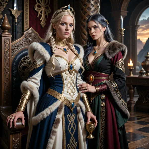 A beautiful adult Æsir princess stands in a magnificent royal hall in Asgard, in a dark mythic fantasy world inspired by Norse legend and heroic sword-and-sorcery. She is in her mid-twenties, tall, regal and powerful, with fair skin, striking blue-gray eyes, and long pale blonde hair braided with gold rings and small runic ornaments. Her features are noble, elegant and strong, and her expression is calm, proud and self-assured. She wears luxurious Asgardian royal clothing, a finely woven ivory and deep blue gown layered with rich wool, linen and fur, fitted but regal, with embroidered knotwork, gold trim, heavy arm rings, rings, a broad gold neck collar, and a delicate circlet shaped with subtle raven and sun motifs. One hand rests on the carved arm of a great wooden throne, the other loosely holds a ceremonial golden cup.

Behind and slightly beside her stands her female Æsir sorceress, advisor and lover. She is an equally beautiful adult woman, slightly taller, long ash-blonde hair, pale gray eyes, and an intense, unreadable expression. She wears layered robes in black, deep green and muted crimson, trimmed with fur and embroidered with runes and knotwork, adorned with gold jewelry, carved amber, and a small talisman shaped like a raven or serpent. She stands far closer than a mere advisor should, one hand resting lightly and possessively at the princess’s waist as she leans toward her ear as if whispering private counsel. The princess’s relaxed posture and faint private smile reveal intimacy, trust and conspiracy between them.

Subtle magic surrounds the sorceress, faint drifting mist around her fingers, a dim cold blue glow in her eyes, and the ghostly suggestion of ancient runes or a great spectral serpent or raven hidden in the shadows behind her. The hall is unmistakably Asgardian, towering carved wooden pillars, knotwork beams, braziers burning with warm firelight, banners, furs, shields and ceremonial spears on the walls, intricate carvings of gods and heroes, polished stone and wood floors, and distant arches opening toward a dramatic sky, mountains and golden light. The atmosphere is majestic, ancient, luxurious and dangerous, with the feeling of royal intrigue and old magic. Cinematic full-body composition, princess dominant in the foreground, sorceress intimately behind her, realistic anatomy, dramatic lighting, richly detailed fabrics, jewelry and architecture, photorealistic dark mythic fantasy, epic fantasy film still.