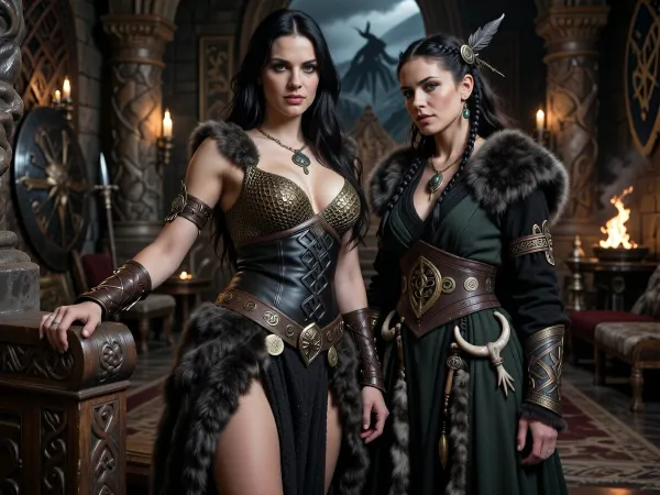 A beautiful adult Cimmerian princess stands in the great hall of a chieftain in Cimmeria, in a dark sword-and-sorcery world inspired by Conan. She is in her mid-twenties, tall, strong and regal, with pale weathered skin, storm-gray eyes, long thick raven-black hair, proud delicate features, and a calm, self-assured expression. She is beautiful in a fierce northern way, more powerful and delicate. She wears luxurious but harsh Cimmerian noble clothing suited to a brutal land, a dark wool loincloth layered with leather and heavy fur, fitted enough to show rank without looking modern, decorated with knotwork embroidery, bronze clasps, arm rings, belts and carved bone or stone jewelry, and a tight fitted ornate bronze chainmail bikini top snugly containing her ample bosom. One hand rests on the carved arm of a heavy wooden throne.

Behind and slightly beside her stands her female Cimmerian shaman, advisor and lover. She is an equally beautiful adult woman, slightly taller, with pale skin, dark hair braided with bone beads and feathers, piercing gray eyes, and an intense, unreadable expression. She wears layered black, charcoal and deep forest-green robes of wool, fur and leather, decorated with runes, talismans, carved bone charms, antler pieces and ancient tribal symbols. She stands far closer than a mere advisor should, one hand resting lightly and possessively at the princess’s waist as she leans toward her ear as if whispering private counsel. The princess’s relaxed posture and faint private smile reveal intimacy, trust and conspiracy between them.

Subtle ancient magic surrounds the shaman, faint mist around her fingers, a dim cold blue-gray glow in her eyes, and the ghostly suggestion of a wolf, raven or shadowy ancestral spirit hidden in the darkness behind her. The hall is unmistakably Cimmerian, massive timber beams, rough stone walls, carved wooden pillars, animal pelts, shields, spears, bronze braziers, smoky firelight, long benches, ancient banners, and a distant opening showing bleak mountains, dark forests and a storm-heavy sky. The atmosphere is harsh, ancient, intimate and dangerous, with the feeling of tribal power, old bloodlines and forbidden northern magic. Cinematic full-body composition, princess dominant in the foreground, shaman intimately behind her, realistic anatomy, dramatic firelight and cold northern light, richly detailed fur, leather, wood and stone textures, photorealistic dark fantasy, epic sword-and-sorcery film still.