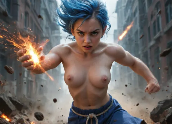 realistic style, female version of Goku fighting at war, raging, blue hair, topless, breasts exposed, character design, body is adorned with glowing blue runes, blue aura around her, body dynamic epic action pose, intricate, highly detailed, epic and dynamic composition, dynamic angle, intricate details, multicolor explosion, blur effect, sharp focus, uhd, hdr, colorful shot, stormy weather, tons of flying debris around her, dark city background, Gohan, Beast, with, intense, ki, aura, around, her, body, and, Spiky, Long, White, Hairs, serious, expression, red, eyes, detailxl, <lora:Gohan beast:1.6>, <lora:add-detail-xl:.8>