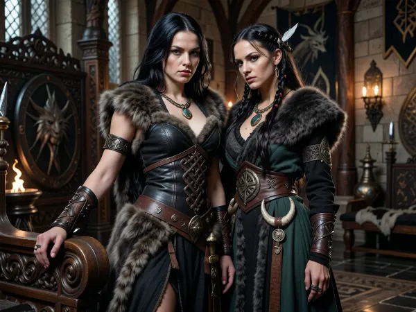 A beautiful adult Cimmerian princess stands in the great hall of a chieftain in Cimmeria, in a dark sword-and-sorcery world inspired by Conan. She is in her mid-twenties, tall, strong and regal, with pale weathered skin, storm-gray eyes, long thick raven-black hair, proud delicate features, and a calm, self-assured expression. She is beautiful in a fierce northern way, more powerful and delicate. She wears luxurious but harsh Cimmerian noble clothing suited to a brutal land, a dark wool loincloth layered with leather and heavy fur, fitted enough to show rank without looking modern, decorated with knotwork embroidery, bronze clasps, arm rings, belts and carved bone or stone jewelry. One hand rests on the carved arm of a heavy wooden throne.

Behind and slightly beside her stands her female Cimmerian shaman, advisor and lover. She is an equally beautiful adult woman, slightly taller, with pale skin, dark hair braided with bone beads and feathers, piercing gray eyes, and an intense, unreadable expression. She wears layered black, charcoal and deep forest-green robes of wool, fur and leather, decorated with runes, talismans, carved bone charms, antler pieces and ancient tribal symbols. She stands far closer than a mere advisor should, one hand resting lightly and possessively at the princess’s waist as she leans toward her ear as if whispering private counsel. The princess’s relaxed posture and faint private smile reveal intimacy, trust and conspiracy between them.

Subtle ancient magic surrounds the shaman, faint mist around her fingers, a dim cold blue-gray glow in her eyes, and the ghostly suggestion of a wolf, raven or shadowy ancestral spirit hidden in the darkness behind her. The hall is unmistakably Cimmerian, massive timber beams, rough stone walls, carved wooden pillars, animal pelts, shields, spears, bronze braziers, smoky firelight, long benches, ancient banners, and a distant opening showing bleak mountains, dark forests and a storm-heavy sky. The atmosphere is harsh, ancient, intimate and dangerous, with the feeling of tribal power, old bloodlines and forbidden northern magic. Cinematic full-body composition, princess dominant in the foreground, shaman intimately behind her, realistic anatomy, dramatic firelight and cold northern light, richly detailed fur, leather, wood and stone textures, photorealistic dark fantasy, epic sword-and-sorcery film still.