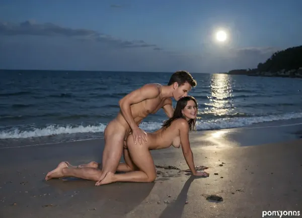 Doggystyle fuck on the shore at night. Fullmoon water reflexions.