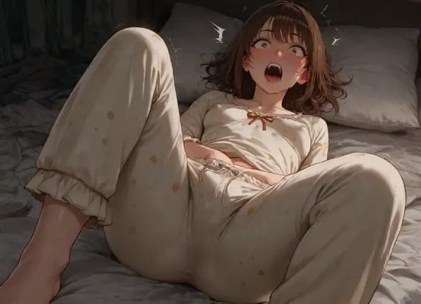 (dark messy room), woman, solo, (small breasts), (short brown hair), (erect nipples), (sweating:1.2), (dirty white pajamas), lying on grey crumpled sheet, covers, blushing, dynamic, (pajama pants pulled down), (masturbating:1), surprised, screaming, looking at viewer, (hands in pants), knees up