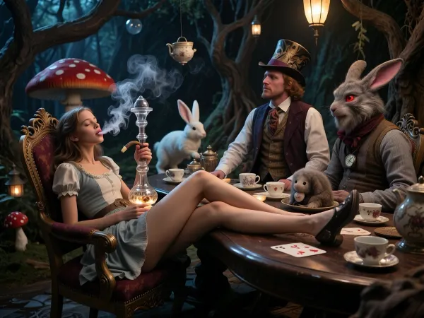 Ultra cinematic storybook fantasy realism, a surreal Victorian wonderland tea party deep inside a dark enchanted forest. Alice, 23 years old, sits on the left side of a long crooked tea table, leaning far back in an ornate chair, fully relaxed and mischievously chilled, She sits languidly on the ornate chair with her legs spread wide, her shoes resting casually on the edge of the table amidst porcelain cups and playing cards, In her right hand, a prominent crystal glass hookah with clear reservoir, glowing tobacco in a small shallow bowl. Alice exhales dense white smoke that curls around her face and drifts into the warm lantern light, Gentle dreamy half-smile, The Mad Hatter opposite her stays theatrically animated but natural in the eyes, He is wearing an elaborate top hat, a well-groomed waistcoat, and a linen shirt, The March Hare beside him looks disheveled, shaggy grey-brown fur, one bent ear, reddened eyes, worn waistcoat. The Dormouse curls in a teacup. The white rabbit rushes behind with a pocket watch. Oversized red mushrooms, twisted trees, hanging lanterns, floating cups, magical steam and smoke mixing. whimsical madness, elegant chaos, rebellious surreal fairy tale mood, dramatic low-key cinematic lighting