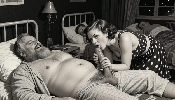This is is a detailed monochromatic pencil drawing in a classical illustrative style depicts a scene set in USSR, in 1950s, In a hospital at night, in a darkened hospital room, a Obese ugly hairy bearded Caucasian old man lies on a bed in hospital pajamas .lustful mocking smile man's ugly face, Other patients sleep in the same room. His penis protrudes from his hospital pajamas, hairy testicles visible. A beautiful Russian brown elegant hairstyle curvy mother, she is wearing in polka dot sundress, stands beside him, her eyes wide and her expression very seductive. She holds his penis in hand, leans down, and sucks it intensely. blowjob, His hand on her head. Side lighting creates a dark and sexual atmosphere., The overall mood is intense, rendered in fine, expressive line work and subtle shading, evoking the style of 1950s satirical or moralistic illustrations.