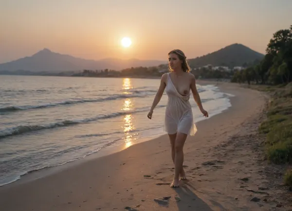 best quality, hd photo quality, realistic image.

young greek golden blonde wearing only white sheer chiton, one shoulder revealed, (one breast out:1.4), barefoot, running down seaside beach near olives woods, mountains on horizon, (ancient greek chiton), ancient greek setting, ancient greek beauty standards, early morning, sunrise, sun barely appeared of sea