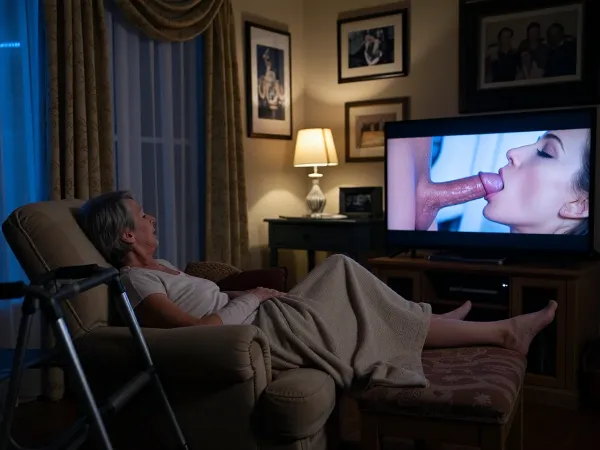 Small, warmly decorated retirement home room at night, a 75 year old woman with gray hair asleep in a cushioned armchair, blanket over her legs, walker nearby, family photos on the walls, curtains drawn, room lit only by the TV’s soft blue glow, TV playing a adult porn movie with a anatomically correct depiction of a blow job, penis sucking beautiful female face depicted in crisp and high-contrast detail, screen is the sharpest element, everything else softly in shadow, quiet intimate atmosphere