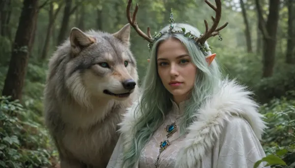 elf hight priestess of nature, pure white sheer dress, silver wolf fur coat, antler crown, stone altar in the middle of a forest clearing, moss green hair, bright luminescent blue eyes, silver runes tatoo