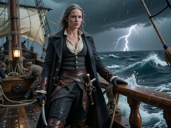 Photorealistic cinematic historical portrait of a Danish / Scandinavian female pirate captain during the Golden Age of Piracy, circa 1715–1725, standing firmly on the rain-soaked deck of her wooden sailing ship in the middle of a violent tropical storm in the Caribbean Sea.

She is a striking Scandinavian woman in her late twenties, fair weathered skin, strong Nordic facial features, pale blue-grey eyes, long ash-blonde hair soaked by rain and whipped wildly by the wind, a few loose strands plastered across her face. She is attractive but rugged and believable, hardened by years at sea rather than glamorous or polished. Her expression is calm, focused and commanding, staring toward the storm ahead with the confidence of an experienced sea captain.

She wears historically plausible practical clothing for an early-18th-century pirate captain, a rain-darkened linen shirt with an open collar, fitted wool waistcoat, weathered dark wool captain's coat with simple brass buttons, sturdy knee breeches, leather belt and sash, worn leather sea boots, practical gloves, no corset, no dress, no theatrical fantasy armor. Her clothing is expensive enough to suggest that she is the captain but visibly worn, repaired, salt-stained and battered by life at sea.

A practical naval cutlass hangs from her belt and a period-correct flintlock pistol is tucked securely into her sash. No weapons are being brandished unnecessarily. One hand grips a wet rope or wooden railing to steady herself as the ship rolls beneath her.

Around her, the ship is alive with the storm, towering wooden masts, soaked canvas sails reefed against the gale, rigging pulled taut by the wind, sailors struggling with ropes in the background, rainwater running across the planks, waves exploding against the hull and spraying over the deck. The ship heels dramatically beneath the force of the wind.

Beyond the railing, enormous dark Caribbean waves rise beneath a black storm sky. Lightning briefly illuminates distant storm clouds and the churning sea. Warm lantern light from the ship contrasts subtly with the cold storm light.

Low eye-level three-quarter composition, the captain dominant in the foreground, full or three-quarter body visible, dynamic wind and rain, realistic wet fabric and hair, authentic wooden ship construction, historically grounded details, natural human proportions, atmospheric depth, dramatic but physically believable lighting.

Extremely realistic photography, cinematic historical drama, gritty maritime realism, detailed skin texture, wet clothing, salt spray, rain droplets, realistic storm lighting, subtle film grain, high dynamic range, sharp focus on the captain, background slightly softened by rain and sea spray, no fantasy elements, no glamour photography, no modern styling.