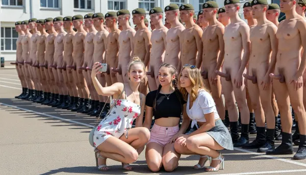 (ultrarealistic photography), (full body view), morning roll call on the parade ground. group of 20 year old german totally nude men with erect penis, (detailed faces), (all men with erect penis), standing exactly in row, pantless, no underpants, (all men wearing army boots and cap), obedience, faint smile, (in the foreground, Three women crouch down a few meters away in front of the soldiers, happy, have fun, one woman is taking a selfie with her mobile phone of the three women, with the soldiers in the background.), (the first woman is a slender blond with hairs in bun, wearing a floral short summer dress and sandals, shoulderbag, earings, necklace), (the second woman is a sporty petit brunette with braided twintails, wearing a light pink hotpants, fitted black crop top and sneakers), (the third woman is a curvy with ginger wavy hair, wearing a checkered pleated mini skirt, with blouse and whith high heels, sunglasses on head), .