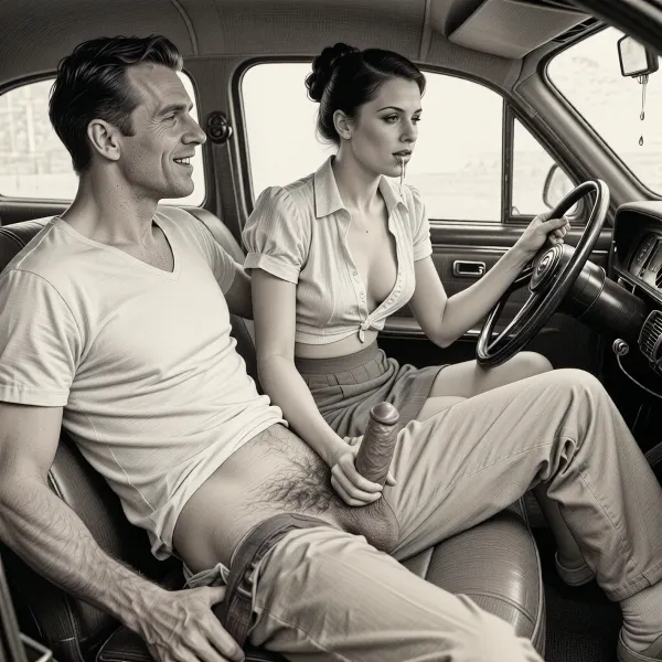 This is a detailed monochromatic pencil drawing in a classical illustrative style depicts a scene set after blowjob in 1950s, (an elegant 40-year-old man in passenger seat receiving handjob by Beautiful sexy jet-black elegant hairstyle woman in driver seat), lustful smile, focused on hairy scrotum, 30yo woman in driver seat is helping man dilf cum, precum, dripping man dilf's cocks, (((woman with hourglass figure, she is wearing in an open blouse and a skirt, (wide hips)))), (the man one hand grops woman's hip), undersides of penis, ((a woman looks at a man's massive penis)), dimly lit, massive penis, sitting in car, receiving handjob, v neck t shirt pulled up, ((pubic hair:1.7)), ((scene after blowjob:1.5)), cum on woman's lips, sweatpants pulled down, masturbation, hairy scrotum. The overall mood is intense, rendered in fine, expressive line work and subtle shading, evoking the style of 1950s satirical or moralistic illustrations.