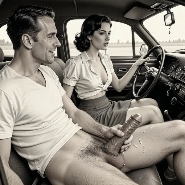 This is a detailed monochromatic pencil drawing in a classical illustrative style depicts a scene set after blowjob in 1950s, (an elegant 40-year-old man in passenger seat receiving handjob by Beautiful sexy jet-black elegant hairstyle woman in driver seat), lustful smile, focused on hairy scrotum, 30yo woman in driver seat is helping man dilf cum, precum, dripping man dilf's cocks, (((woman with hourglass figure, she is wearing in an open blouse and a skirt, (wide hips)))), (the man one hand grops woman's hip), undersides of penis, ((a woman looks at a man's massive penis)), dimly lit, massive penis, sitting in car, receiving handjob, v neck t shirt pulled up, ((pubic hair:1.7)), ((scene after blowjob:1.5)), cum on woman's lips, sweatpants pulled down, masturbation, hairy scrotum. The overall mood is intense, rendered in fine, expressive line work and subtle shading, evoking the style of 1950s satirical or moralistic illustrations.