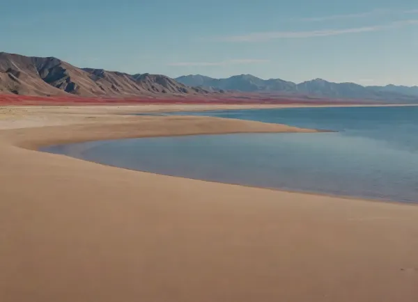 each color is solid and separated from the other by a thin line of a darker shade, bright yellow sand beach with the dunes which contours outlined by dark brown lines in the foreground flows into the soft shapes of the high mountains in the background, their contours outlined by dark grey lines, sky is dark blue, turning into purple in the distance, with red reflections over the mountains, it must be evening, aquamarine of the reservoir complete width of the field of view separates the beach from the mountains on the horizon, laconism and graphicity in the drawing of landscape evoke poster in constructivism style and enhance the dramatic effect, is enhanced by the light, which gives almost no shadows