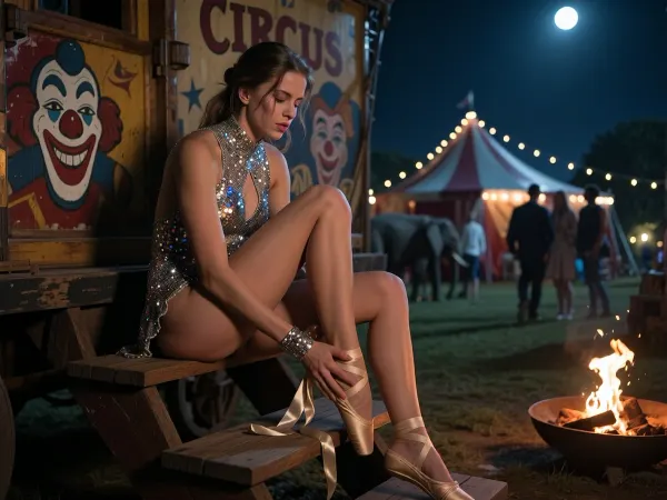Ultra low-key cinematic lighting, deep cool night tones, soft moonlight glow, flickering fire reflections, premium full-frame look, subtle film grain, shallow depth of field, 35mm prime lens, a breathtaking 23 years old female tightrope artist in a shimmering sequined one-piece costume, sitting on the wooden steps of a vintage circus wagon painted with clown faces and the word “circus, ” one leg resting on the other knee, gently removing her ballet-style shoe, a silk ribbon unraveling down her ankle, her face calm yet tired after the show, the distant circus tent still faintly lit with string lights, a few guests walking home in the background, fire pit nearby casting warm glints on her costume, a soft breeze making distant circus elephants barely visible grazing, textures of her skin, hair, and sequins vividly clear, a nostalgic, quiet moment of beauty captured.