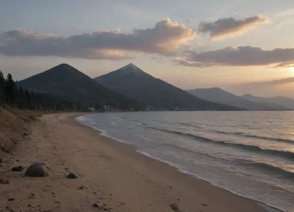 each color is solid and separated from the other by a thin line of a darker shade, bright yellow sand beach with the dunes which contours outlined by dark brown lines in the foreground flows into the soft shapes of the high mountains in the background, their contours outlined by dark grey lines, sky is dark blue, turning into purple in the distance, with red reflections over the mountains, it must be evening, aquamarine of the reservoir complete width of the field of view separates the beach from the mountains on the horizon, laconism and graphicity in the drawing of landscape evoke poster in constructivism style and enhance the dramatic effect, is enhanced by the light, which gives almost no shadows