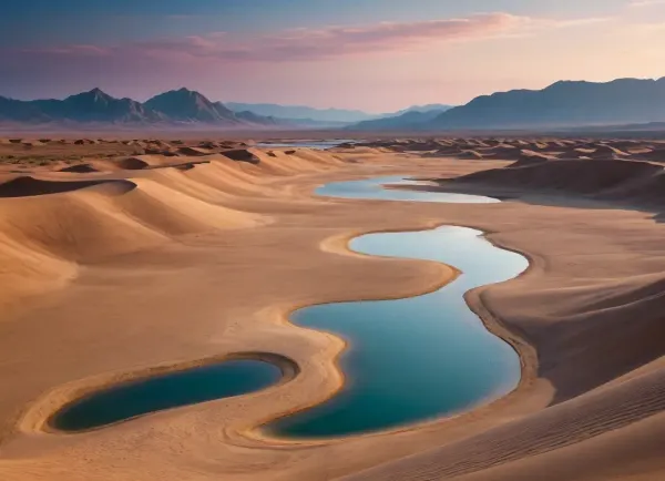 bright yellow sand beach with the dunes which contours outlined by dark brown lines in the foreground flows into the soft shapes of the high mountains in the background, their contours outlined by dark grey lines, sky is dark blue, turning into purple in the distance, with red reflections over the mountains, it must be evening, aquamarine line of the reservoir separates the plans, laconism and graphicity in the drawing of landscape evoke images from ancient vase painting and enhance the dramatic effect, is enhanced by the light, which gives almost no shadows