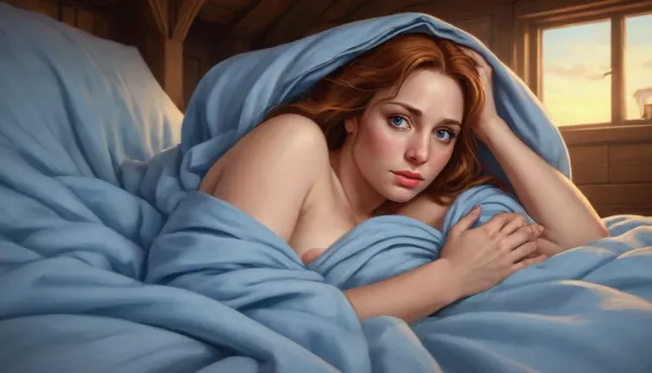 mature 40 year old, ginger/brown hair, small breasts, slightly chubby face and body, inside medieval wooden inn, laying sideways on a small single bed, leaning head on arm, hand behind head, other hand squeezing breast, genitals covered under sky blue bedsheets, light blue cloth on body, wearing sky blue bedsheet wrapped around thighs and breasts, body tangled in bedsheets, perfect eyes, five fingers, artwork, digital painting, concept art, flat colors, loading screen art style, <lora:CuteCombine1:.1>, <lora:LegendDarkFantasy-000001:.3>
