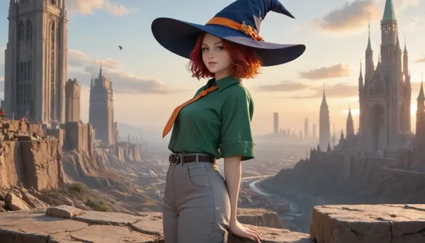 ((in avant‑garde painting style), (cartoon style), (comix style)), short cheerful red-haired freckled girl, (boyish figure), blue wide-brimmed pointed hat, green oversized men's shirt, men's long wide orange tie, gray oversized men's wide trousers with turned-up legs and belted with leather belt, yellow shoes, clothes clearly from someone else's shoulder, around dull almost moon-like landscape to the horizon, gray rocks and gray sand under a pale yellow sky, huge ominous skyscrapers and towers of a cyberpunk-style city on the horizon, the bright appearance of the girl contrasts with the gray-pastel range of the surroundings and the gloomy dark perspective of the city, sun or other light sources are not visible, lighting is even almost without shadows, girl stands on right side of frame sideways to viewer, half-turned, thoughtfully looking at city, view from aside.

side view, (orange tie:1.4), (grey trousers:1.4), (green shirt:1.5), (blue witch-style hat:1.4), (single:1.7), (solo:1.7), hard contrast image, (whole body visible)