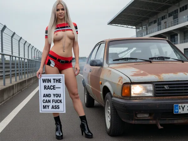 A photorealistic image of a young beautiful Scandinavian woman with long, straight, platinum blonde hair, standing full-length on a racetrack next to her old rusty run down 1985 Yugo GV, faint smoke coming from the engine of the 1985 Yugo GV. She is wearing a red, black, and white cropped top that is pulled down below her breasts, leaving them exposed. She is also wearing very short shorts in the same color as the top, a belt, and black patent leather high-heeled boots. Around her neck is a long, thin silver chain. The woman looks at the camera defiantly and with a slight smirk, holding a sign that reads “ WIN THE RACE—AND YOU CAN FUCK MY ASS ”, To her right, a rusty run down 1985 Yugo GV is visible, featuring one broken headlight, old worn out tires, and a rusting body. In the background are the asphalt of the racetrack, metal guardrails, a modern grandstand made of concrete and glass, and a cloudy daytime sky. Diffused natural light, high detail in the leather, fabric, metal, and reflections, cinematic composition