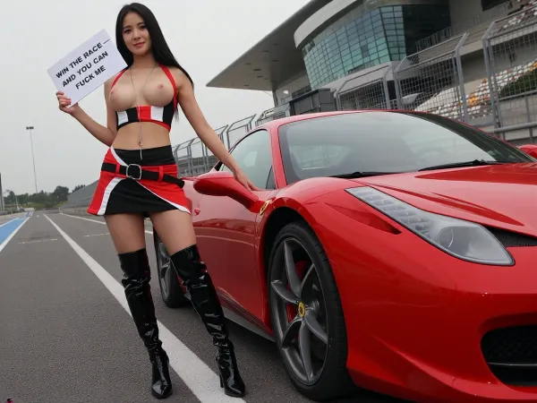 A photorealistic image of a young Asian woman with long, straight, black hair, standing full-length on a racetrack next to her bright red sports car. She is wearing a red, black, and white cropped top that is pulled down below her breasts, leaving them exposed. She is also wearing very short shorts in the same color as the top, a belt, and black patent leather high-heeled boots. Around her neck is a long, thin silver chain. The woman looks at the camera defiantly and with a slight smirk, holding a sign that reads “WIN THE RACE—AND YOU CAN FUCK ME, ” To her right, a red two-seater supercar is visible, featuring sharp headlights, black alloy wheels, and a gleaming body. In the background are the asphalt of the racetrack, metal guardrails, a modern grandstand made of concrete and glass, and a cloudy daytime sky. Diffused natural light, high detail in the leather, fabric, metal, and reflections, cinematic composition