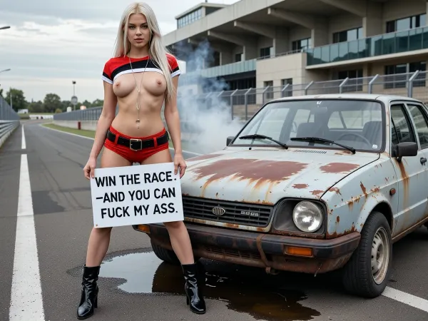 A photorealistic image of a young beautiful Scandinavian woman with long, straight, platinum blonde hair, standing full-length on a racetrack next to her old rusty run down 1985 Yugo GV, faint smoke coming from the engine of the 1985 Yugo GV. She is wearing a red, black, and white cropped top that is pulled down below her breasts, leaving them exposed. She is also wearing very short shorts in the same color as the top, a belt, and black patent leather high-heeled boots. Around her neck is a long, thin silver chain. The woman looks at the camera defiantly and with a slight smirk, holding a sign that reads WIN THE RACE—AND YOU CAN FUCK MY ASS, To her right, a rusty run down 1985 Yugo GV is visible, featuring one broken headlight, old worn out tires one of witch is completely deflated, and a rusting body, a large oil slick has formed under the car. In the background are the asphalt of the racetrack, metal guardrails, a modern grandstand made of concrete and glass, and a cloudy daytime sky. Diffused natural light, high detail in the leather, fabric, metal, and reflections, cinematic composition