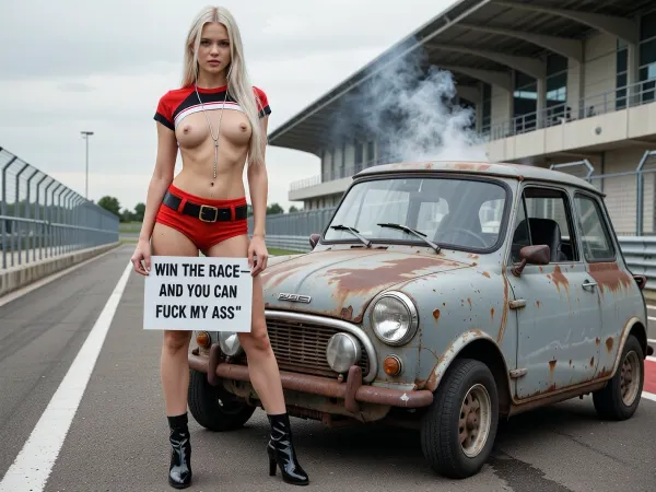 A photorealistic image of a young beautiful Scandinavian woman with long, straight, platinum blonde hair, standing full-length on a racetrack next to her old rusty run down Peel P50, faint smoke coming from the engine of the Peel P50. She is wearing a red, black, and white cropped top that is pulled down below her breasts, leaving them exposed. She is also wearing very short shorts in the same color as the top, a belt, and black patent leather high-heeled boots. Around her neck is a long, thin silver chain. The woman looks at the camera defiantly and with a slight smirk, holding a sign that reads “ WIN THE RACE—AND YOU CAN FUCK MY ASS ”, To her right, a rusty run down Peel P50 is visible, featuring one broken headlight, old worn out tires, and a rusting body. In the background are the asphalt of the racetrack, metal guardrails, a modern grandstand made of concrete and glass, and a cloudy daytime sky. Diffused natural light, high detail in the leather, fabric, metal, and reflections, cinematic composition