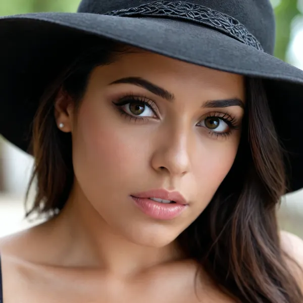 sexy latina, occhi scuri, cappello nero, pelle scura, labbra grosse, culo grande, naso piccolo, occhi grandi, tette medie