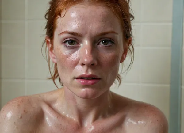 woman 68 years old, fucked by a male in reverse cowgirl position, anal penetration, hairy pussy, perfect lighting, ultra realistic, 8k resolution, ultra-detailed, professional photography, in shower, seductive look, breasts exposed, naked, no top, topless, tight body, thigh gap, brown eyes, small breasts, northern european, freckles on face, redhead, wet hair, soapy tits, skinny, realistic face, (sweaty skin:1.3), wet, very wet