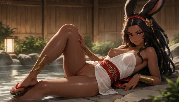 1girl, solo, 30yo, (((Viera, Shiva))), (voluminous extremely long dreadlocks, hair ornaments), slim body, furry body, perfect eyes, (deep gaze, smirk, looking at viewer), wet skin, large hoops, body ornaments, hairband, (freckles), ((bindi)), (small breasts), geta, obi, (highly detailed pussy, pubic hair), (groping one breast, caressing her leg), ((bathing in onsen, steam)), full body view, highres, best quality, ac_neg1, <lora:add-detail-xl:1.4>