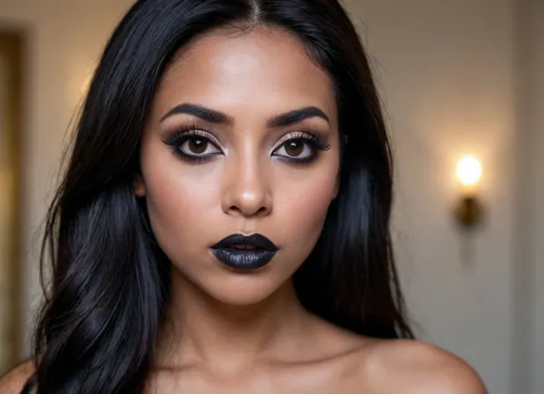 a modern photo of a latin woman, dark skin, round shape face, big lips, make up, goth, black lipstick, button little nose, latin skin, big eyes, black eyes, long straight hairs, black hairs, beautiful face, nude, big tits, entire tits, realistic, modern, intricate, masterpiece, sharp focus, dramatic, soft lighting, high res, <lora:Latin_girl:.7>