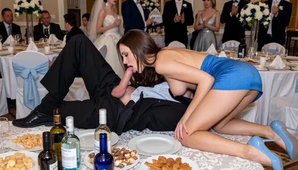 (Masterpiece, Highest Quality, Ultra-Realistic, Photorealistic:1.3), (1woman), ((professionally taken photo according to all the rules of composition)), ((on the wedding table, between bottles of alcohol and snacks, lies a man with his pants down and an erect penis, on the table, between his legs, a woman is kneeling and leaning toward the man's penis, licking the head of the man's penis with her tongue)), (((A man and a woman are lying on a wedding table between plates of snacks and bottles:1.7))), (setting, a decorated wedding banquet hall, tables are placed together and set into one large banquet table), (Scene description, a decorated wedding banquet hall, tables are placed together and set into one large banquet table, there is a set table with the remains of dishes, alcohol, and empty plates, at a wedding On a table, among bottles of alcohol and snacks, lies a man with his pants down and an erect penis. Between his legs, on the table, a woman is kneeling and leaning toward the man's penis, licking the head of the man's penis with her tongue. In the background, the groom, the bride, and the wedding guests stand and clap their hands, looking at the man and woman., (woman's description:40), woman, brunette, with a long bob haircut with a parting, hourglass figure but a little plump, (makeup and red lipstick on the lips), (red manicure), (sagging breasts, larger than average), housewife, (in a festive blue but rather modest dress), (nude nylon stockings with a wide welt of the same color high on the thighs), (elegant blue pumps with high thin heels)), ., (description of the man, a man of 60 years old, gray haired, wearing black suit pants, a light blue shirt and men's black shoes, the man has an erect penis), (additional details, (the woman has one breast exposed), (the woman is kneeling on a table, she leaned over the man's erect penis and licks the head of his penis with her tongue), (a lace is visible from under the hem of the woman stocking), (a man holds a glass of whiskey in his hand), (in the background are dressed guests, the groom in a wedding suit and the bride in a wedding dress and veil), (guests, bride and groom enthusiastically applaud the man and woman), ((perfect hands and fingers:1.7)), ((ultra-realistic faces)), ((ultra-realistic hanging penis of a man:1.7)), (the camera shoots from a low angle, (from bottom up:1.7)))