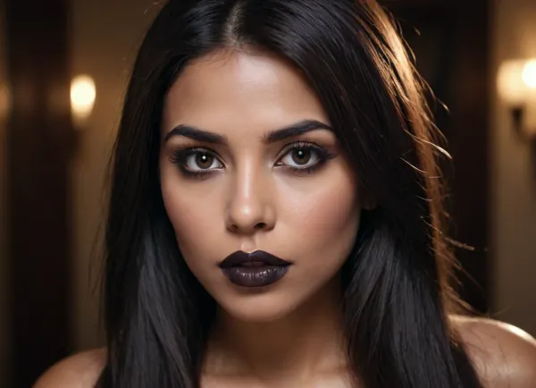 a modern photo of a latin woman, very dark skin, big lips, black lipstick, little nose, big eyes, long straight hairs, black hairs, beautiful face, realistic, retro, intricate, masterpiece, sharp focus, dramatic, award winning scene, soft lighting, film grain, high res