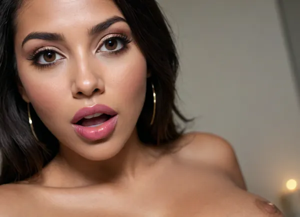 a modern photo of a latin woman, orgasm face, looks like candela skin, dark skin, round shape face, big lips, make up, dark lipstick, button little nose, latin skin, big eyes, black eyes, long straight hairs, black hairs, beautiful face, nude, big tits, entire tits, realistic, modern, intricate, masterpiece, sharp focus, dramatic, soft lighting, high res, <lora:Latin_girl:.7>