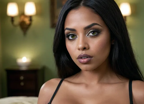 a modern photo of a latin woman, dark skin, round shape face, big lips, make up, goth, light green lipstick, button little nose, latin skin, big eyes, black eyes, long straight hairs, black hairs, beautiful face, nude, big tits, entire tits, realistic, modern, intricate, masterpiece, sharp focus, dramatic, soft lighting, high res, <lora:Latin_girl:.7>