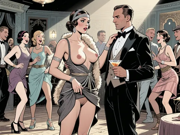 (detailed colorized pen and ink sketch:2), extremely stylized background, in a graphic style ——————-, a scene in a 1920’s style ballroom. a woman with an athletic body and big tits is standing in the middle. She’s wearing a sexy 1920’s cocktail dress, a boa, and a 1920’s headband. One tit has fallen out of her dress. She lifts up her skirt, and is fingering herself. She has the look of a cheeky temptress. A man in tuxedo, holding sm martini is standing next to her, she is trying to seduce him. Around her, Several young Couples are wearing sexy 1920’s outfits, laughing with joy, and are dancing the charleston. Cinematic lighting, stylized background, masterpiece --------------------------------------------------------------------------------------------

The artwork uses soft-contrast linework and cross-hatching for texture and depth, with a stark, graphic quality reminiscent of French comix. The lighting is implied through strong shadows and line work, creating a dramatic, theatrical mood. The overall style is illustrative, with exaggerated proportions and a focus on narrative and character interaction.