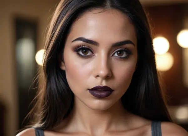 a modern photo of a latin woman, big lips, black lipstick, canela skin, little nose, big eyes, long straight hairs, black hairs, beautiful face, realistic, retro, intricate, masterpiece, sharp focus, dramatic, award winning scene, soft lighting, film grain, high res