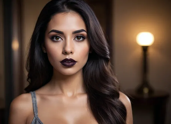 a modern photo of a latin woman, big lips, black lipstick, canela skin, little button nose, big eyes, long straight hairs, black hairs, beautiful face, realistic, retro, intricate, masterpiece, sharp focus, dramatic, award winning scene, soft lighting, film grain, high res