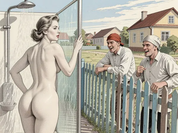 This is is a detailed monochromatic pencil drawing in a classical illustrative style depicts a scene set in USSR in 1950s, bright, colorful colors, the suburban area is divided by a fence, one side of the fence a beautiful curvy milf, 40 years old, milf with elegant hairstyle, with seductive faces in outdoor shower stall, (her butt is visible), on the other side of the fence rustic men peasants in simple clothes watching with fun, Vulgar smiles on the peasants men's faces, they tells her lewd things about sex.The overall mood is intense, rendered in fine, expressive line work and subtle shading, evoking the style of 1950s satirical or moralistic illustrations.