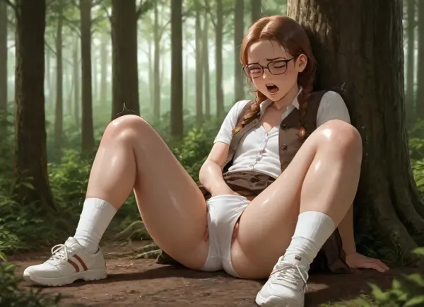 photorealistic, high quality, woman, (brown braids), freckles, glasses, flat chest, (plump:1.1), dirty, (vest, buttoned shirt, skirt, socks, sneakers), (white sports underwear), (hand in panties), (in forest), masturbating, screaming, orgasm, legs spread wide, (full body), (trembling:1)