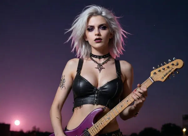 Beautiful sexy 30 year old white hair tall woman, gothic look, muscular body, full size portrait from head to toes, playing guitar on scene in a hard rock music festival, nice dark makeup, exquisite purple eyes, long eyeslashes, messy hair with some spikes of hair in front of her face, front view from below, magnetic face, long thin beautiful nose, nice huge boobs, lots a tatoos, wearing a pair of ripped purple jean, wearing a torn purple tank top, standing on scene playing electric guitar, full moonlight in the sky, wearing gothic style necklace and lots of ethnic leather bangles, beautiful very thin hands with very long fingers, stylish purple nails, perfect fingers, (crop, top:1), g0th1cxl, glowing, neon, G0rg30us, B34uty, girl, eclipse, glow, expression, <lora:g0th1cXL:.9>, <lora:Picture_enhancer:1.7>, <lora:Gorgeous_Beauty:2>, <lora:HandFineTuning_XL:2>, <lora:pizzolato_sdxl:1.1>