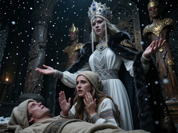 A masterpiece, of the highest quality, in the “dark fantasy” style, on a monumental scale. In the foreground is a mortal Slavic woman, kneeling in deep sorrow, dressed in an antique traditional folk costume, a patterned linen shirt, a heavy woolen coat, and a headdress known as a povoynik. Her hands are raised to her chest in a desperate gesture of supplication, and a tear rolls down her cheek. Before her lies the body of the deceased, wrapped in a traditional shroud. Morana, the ancient Slavic goddess of night, winter, and death, towers majestically above them, accepting their prayer. Morana is a monumental figure with pale skin, wearing a snow-white, heavy gown with silver geometric embroidery and long, flowing sleeves, as well as a rich dark cloak trimmed with thick dark fur. On her head she wears a magnificent kokoshnik, adorned with precious stones and long strands of pearls framing her face. Morana’s hands are raised to her waist, palms facing upward, as she accepts the prayer of a mortal woman. Heavy snowflakes fall slowly from the dark, starless sky. In the background, ancient wooden pagan idols with glowing red eyes are visible—the guardians of the entrance to Nav.