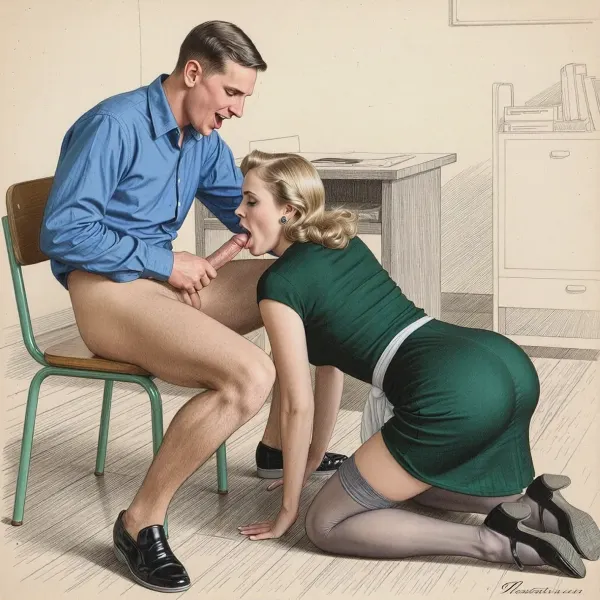 This is a detailed monochromatic pencil drawing in a classical illustrative style depicts a scene set in USSR in 1950s, bright, colorful colors, in the classroom, The bully guy in blue shirt without pant sitting on the chair, beautiful curvy milf licking his cock, 40 years old, Submissive milf with blonde elegant hairstyle and with wide hips.woman in beautiful dark green dress 50s, she on all fours on the floor, she is knee and licking the bully's cock, ((the hem of her dress lifted up to the waist)), her butt and gray silk stockings are visible, the bully is laughs mockingly, ((his hand on her head)), blowjob, side rear view, The overall mood is intense, rendered in fine, expressive line work and subtle shading, evoking the style of 1950s satirical or moralistic illustrations.